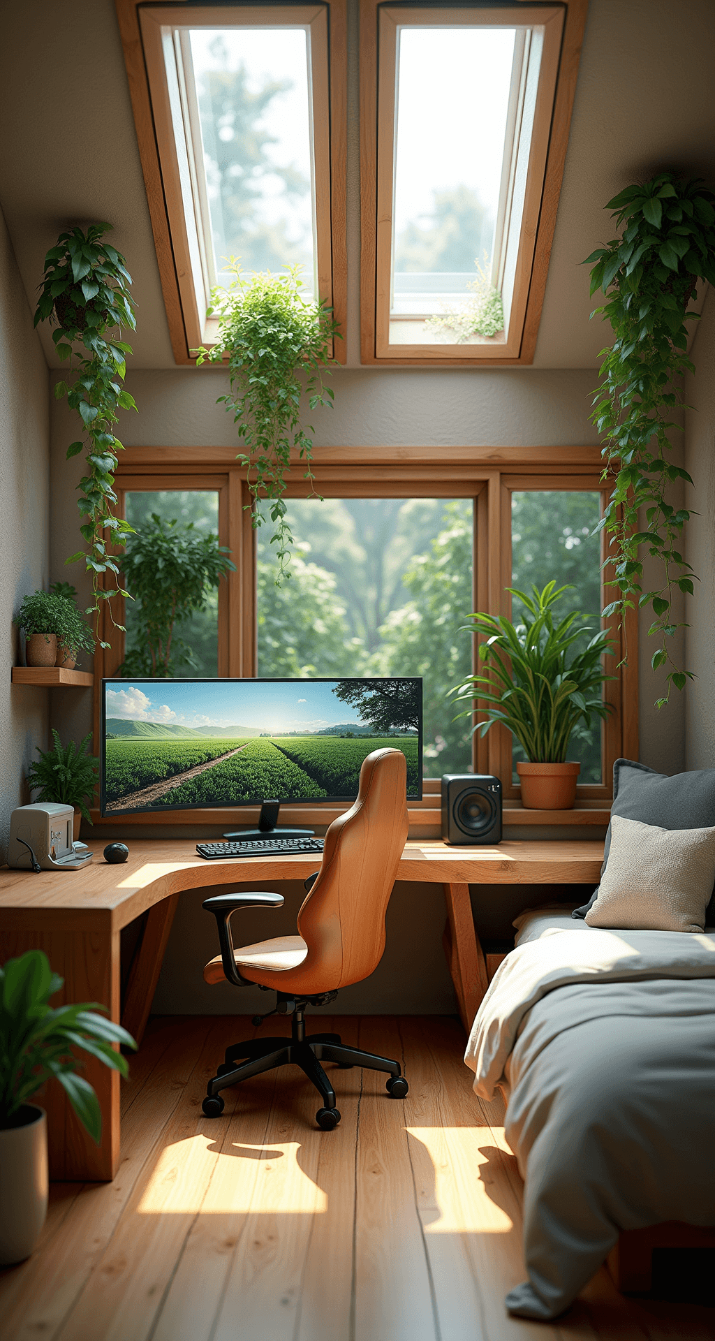 A modern eco-friendly gaming sanctuary featuring a live-edge wooden desk with a curved ultra-wide monitor, a recycled materials gaming chair, vertical gardens, and a bamboo bed with organic cotton linens, all illuminated by natural light and solar-powered ambient lighting.