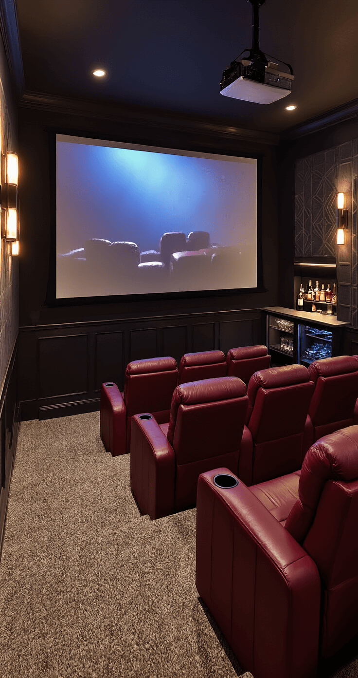 Bloxburg Mansion Mastery: Your Ultimate Guide to Creating Virtual Luxury Homes A luxurious Bloxburg home theater room featuring tiered burgundy leather seating, a 120-inch projection screen, sound-absorbing geometric wall panels, ambient sconce lighting, and a wet bar with backlit shelving, all captured in soft, moody lighting.