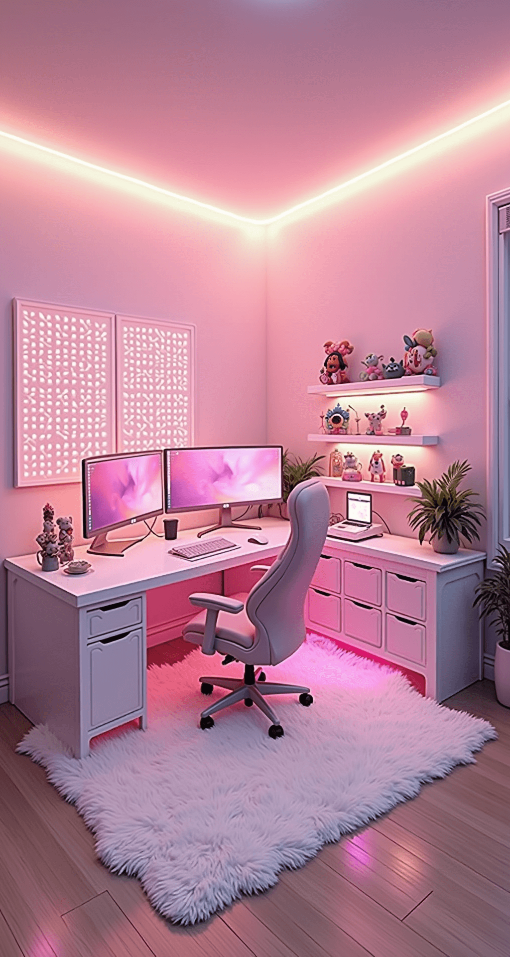 Cute Gaming Setup Trends and Ideas for 2025 A cozy gaming room featuring pastel pink walls and a white L-shaped desk with dual pink-tinted monitors, illuminated by soft LED lights. A bubblegum pink gaming chair sits on plush white carpet, with Nanoleaf panels creating a geometric design and shelves displaying anime figurines.