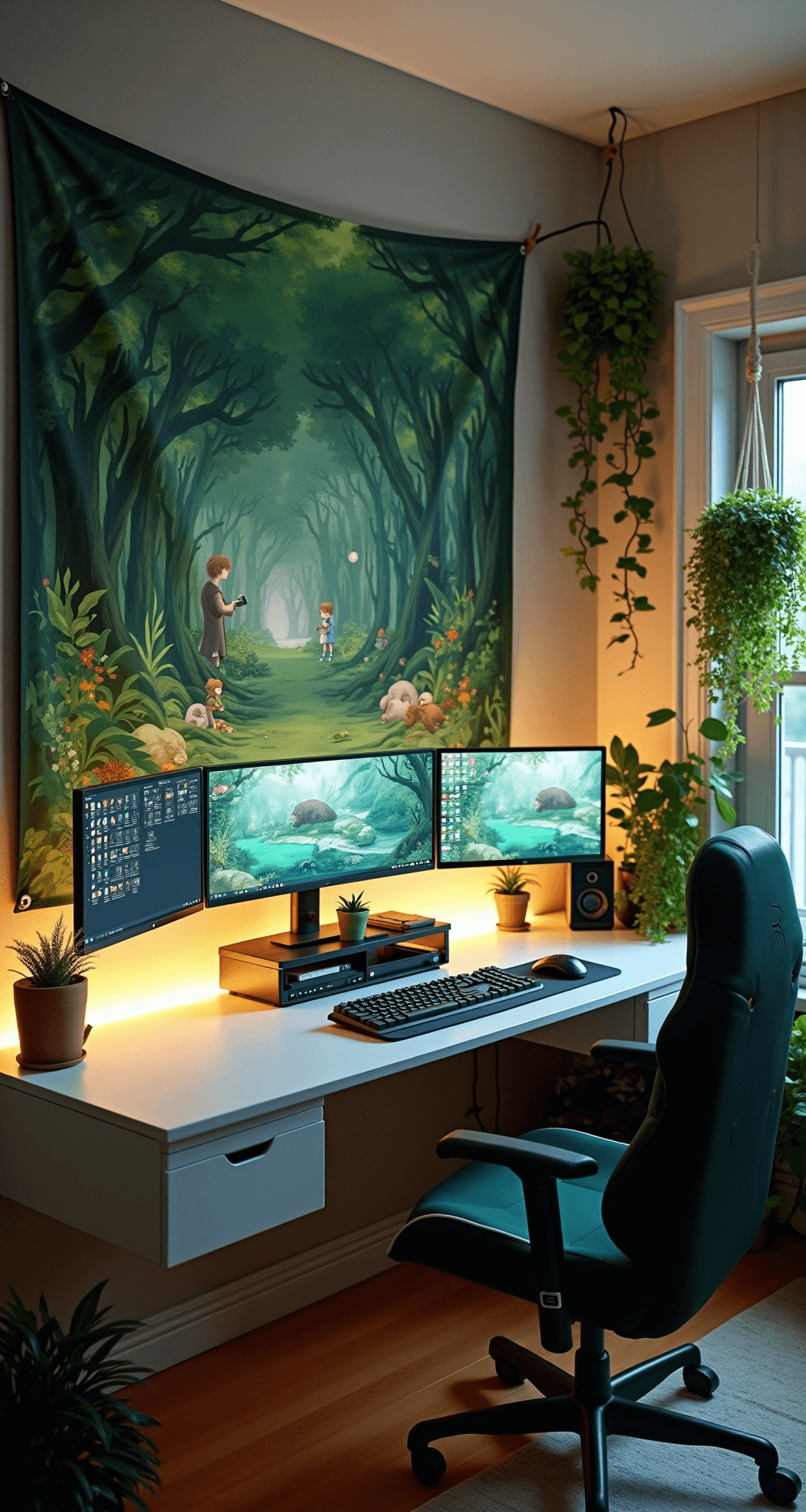 Cute Gaming Setup Trends and Ideas for 2025 A cozy gaming nook featuring a sleek white floating desk with triple monitors, illuminated by warm LED light. A forest green gaming chair adds color, while hanging plants and a large Studio Ghibli tapestry enhance the serene atmosphere.