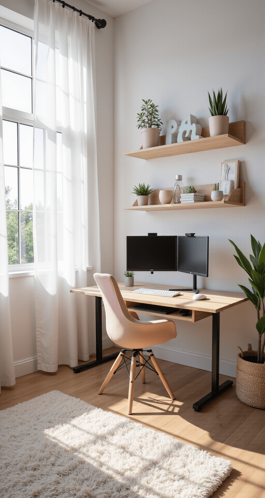 Cute Gaming Setup Trends and Ideas for 2025 A bright and airy gaming space featuring a pale wood sit-stand desk with dual curved monitors, a blush pink ergonomic chair, sheer white curtains, floating shelves with pastel gaming peripherals and succulents, and a fluffy white rug. The room is illuminated by natural light from floor-to-ceiling windows, creating a fresh and invigorating atmosphere.