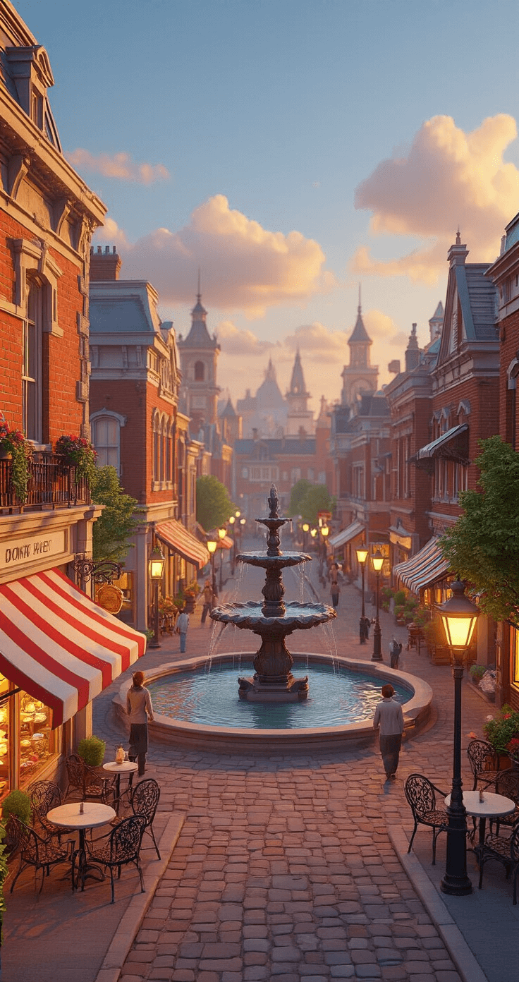 A vibrant town square in Bloxburg during golden hour, showcasing a central fountain surrounded by cobblestone paths, Victorian lampposts, and red brick buildings with colorful awnings. NPCs wander past quaint storefronts with detailed displays, while a charming café with wrought-iron chairs spills onto the sidewalk, all bathed in soft, warm light that enhances the cozy atmosphere.