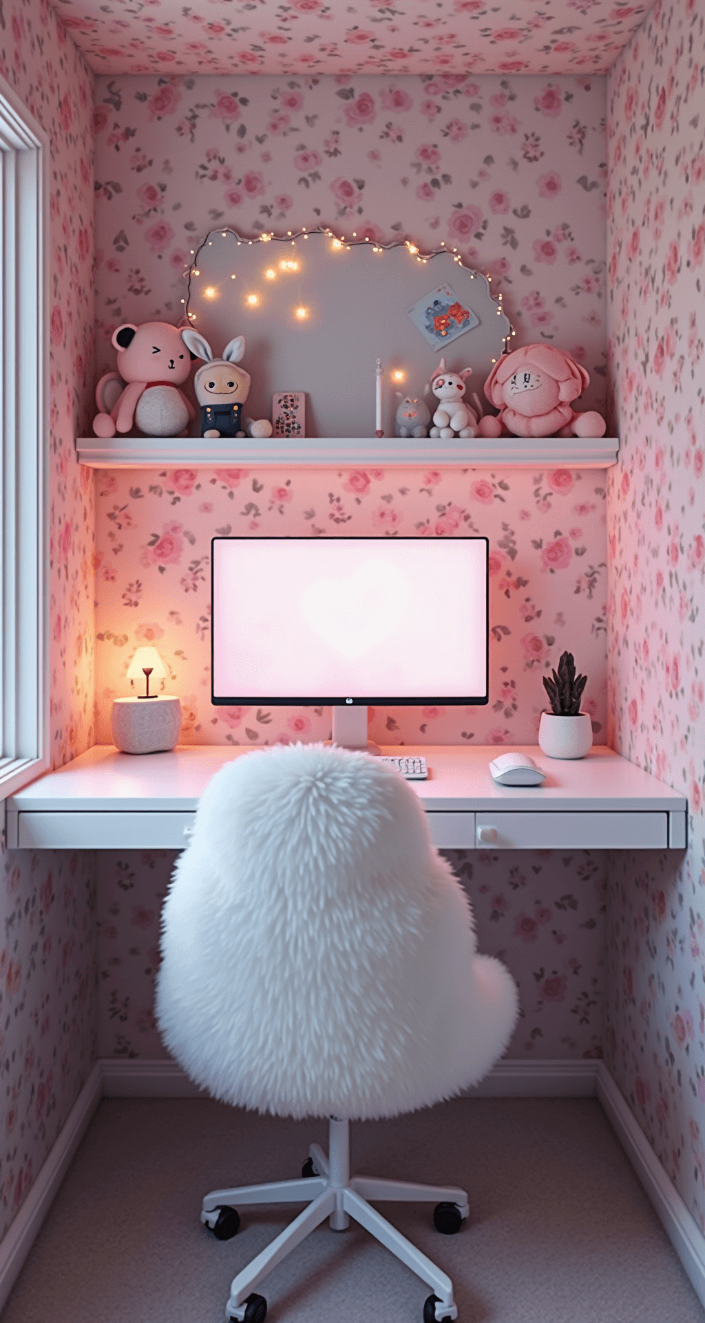 Cute Gaming Setup Trends and Ideas for 2025 A compact gaming corner designed in kawaii style, featuring a scalloped white desk with a cotton candy pink monitor, a cloud-shaped pinboard with art and fairy lights, floating pastel plush toys, a white faux fur gaming chair, and floral wallpaper, all illuminated by soft, diffused lighting.