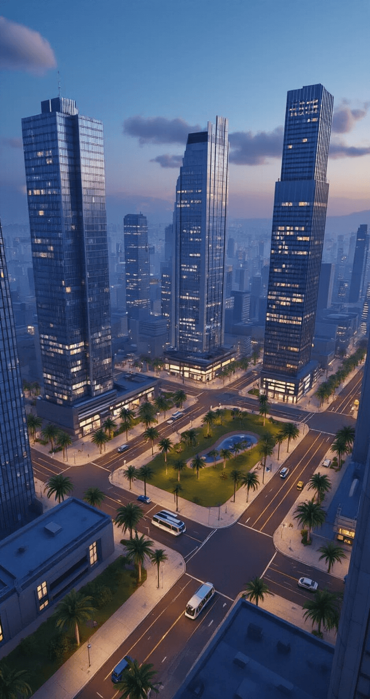 Aerial view of a modern Bloxburg cityscape at dusk, featuring sleek skyscrapers with illuminated glass facades, wide avenues lined with palm trees, and a central circular park. Electric cars and trams traverse the grid layout, showcasing a contrast of cool blue tones and warm yellow street light glows.