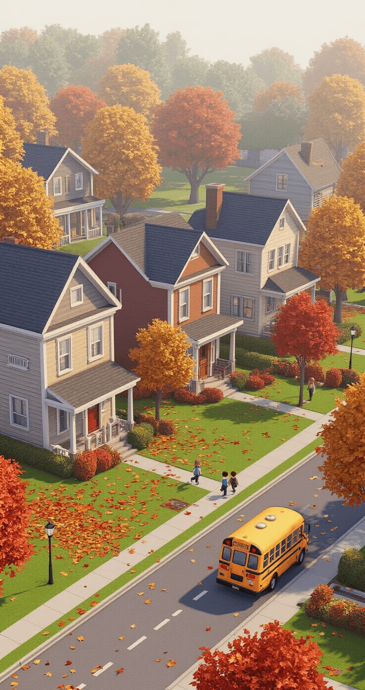 A cozy suburban Bloxburg neighborhood in autumn, featuring five distinct family homes in a cul-de-sac, with landscaped yards blanketed in red and gold leaves, a school bus at the corner, and children hurrying down the sidewalk, all illuminated by soft morning light.