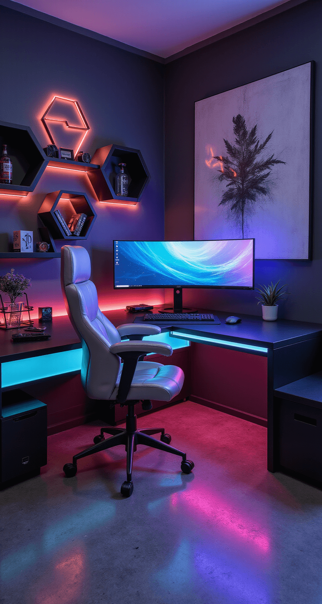 Cute Gaming Setup Trends and Ideas for 2025 A modern gaming room featuring a curved ultrawide monitor on a minimalist black desk, RGB lighting strips for an underglow, and a metallic silver gaming chair against dark gray walls, with hexagonal shelving units for collectibles and neon-accented abstract art, all on polished concrete flooring.