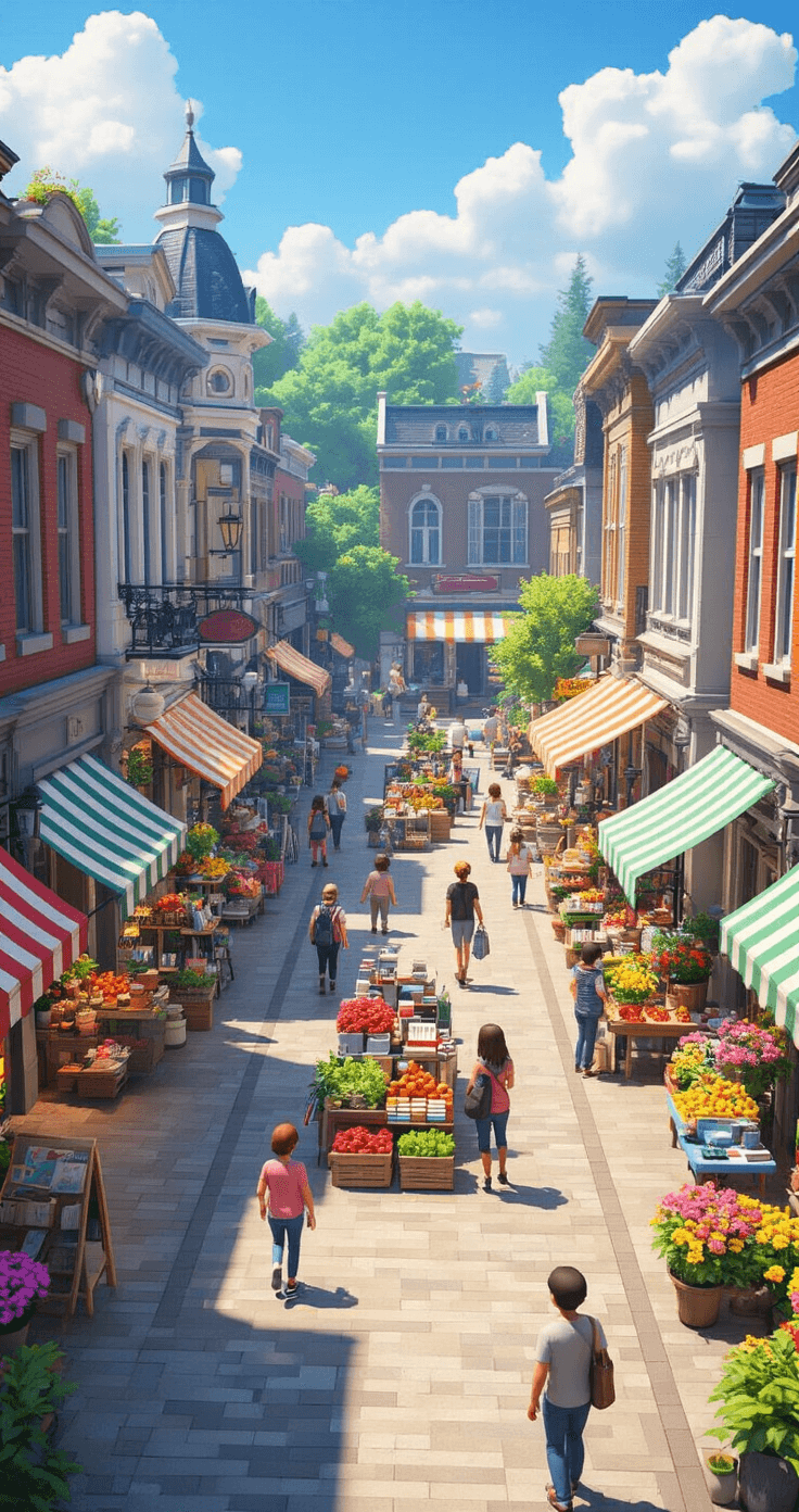 A lively Bloxburg shopping district on a sunny afternoon, featuring a pedestrian street with diverse storefronts, bright awnings, and shoppers browsing outdoor displays. A central plaza hosts a colorful farmers' market with produce stands, all captured from a slightly low camera angle to enhance immersion.