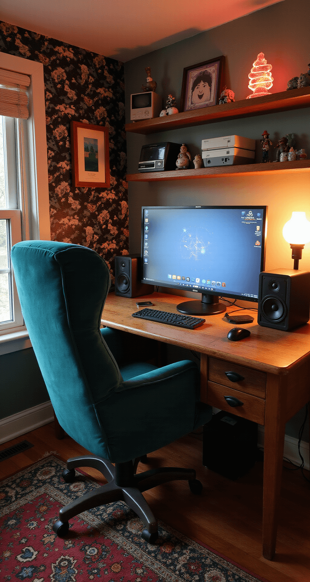 Cute Gaming Setup Trends and Ideas for 2025 A cozy retro-inspired gaming room featuring a vintage wooden desk with a curved monitor, old-school speakers, and a plush deep teal gaming chair. Pixelated game character wallpaper decorates one wall, while floating shelves display retro consoles and figurines. A lava lamp and neon clock add to the nostalgic atmosphere, all under warm amber lighting.