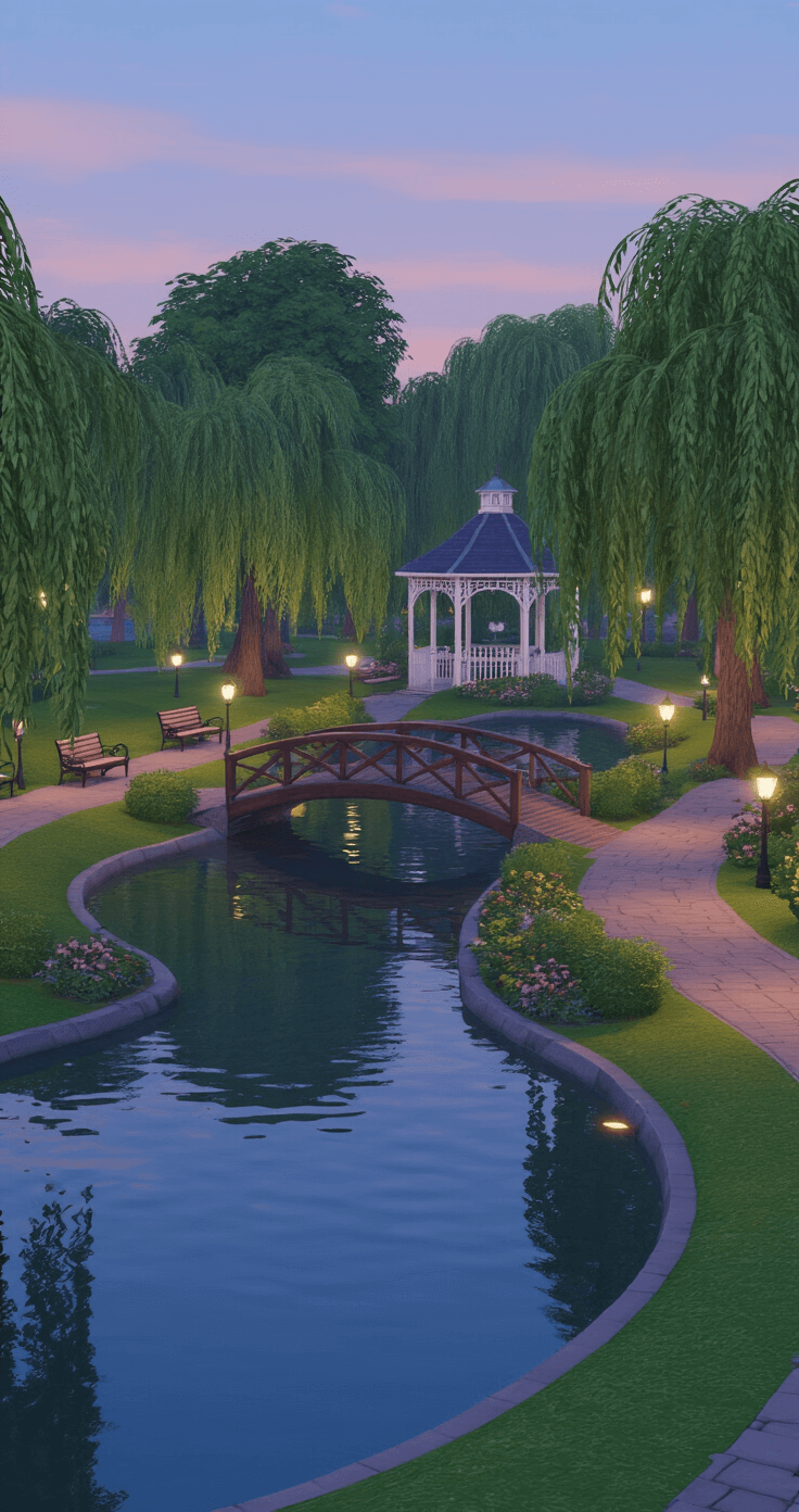 A tranquil Bloxburg park at twilight featuring a serene pond with a wooden bridge, weeping willows, winding paths, flowerbeds, and a Victorian-style gazebo, all illuminated by soft, warm lights reflecting in the still water under a pastel sky.