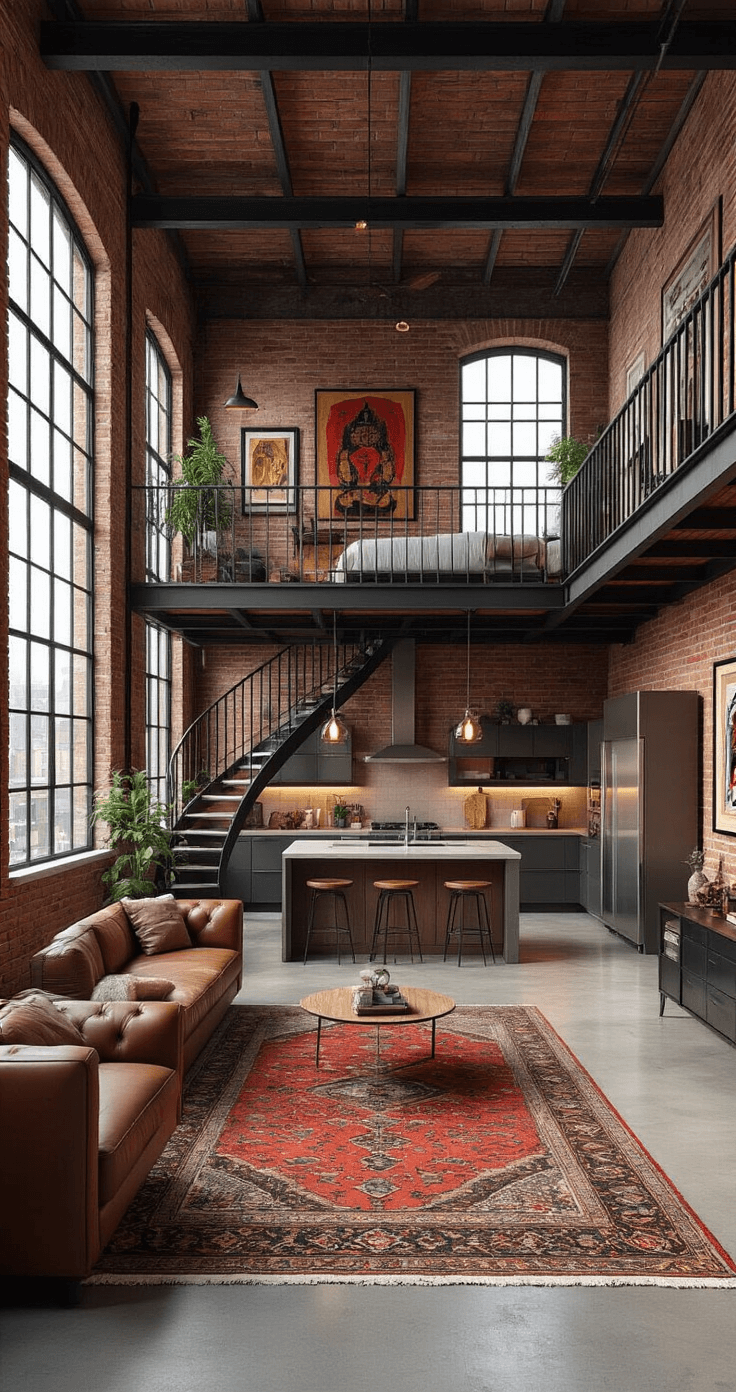 An open-plan industrial-chic Bloxburg loft apartment interior with exposed brick walls, polished concrete floors, large factory windows, and a spiral staircase leading to a mezzanine bedroom, featuring modern leather and chrome furniture mixed with vintage Persian rugs and eclectic art, all bathed in natural midday light.