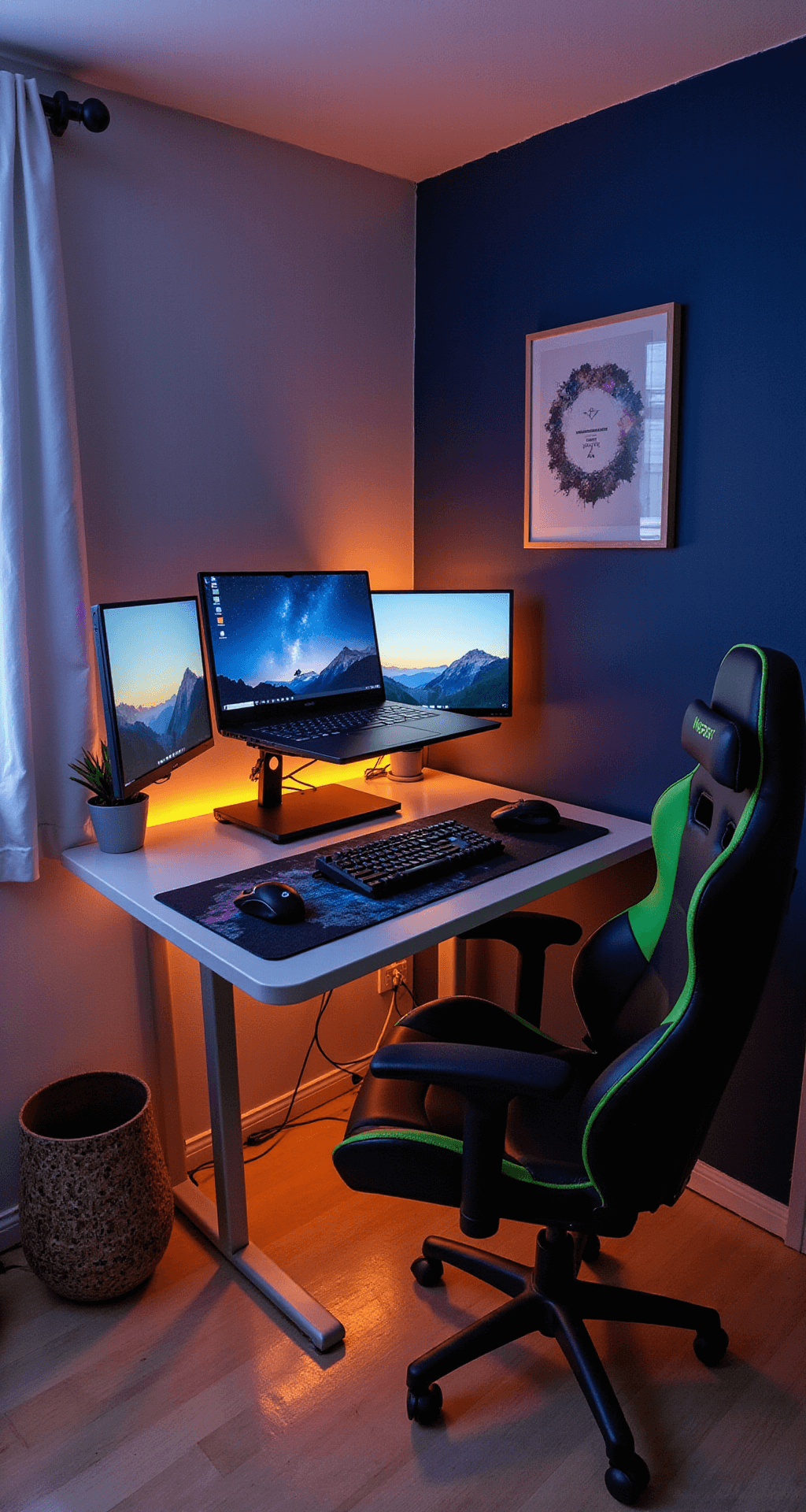 A cozy gaming nook in a small bedroom corner, featuring a floating desk with a high-end gaming laptop elevated on a silver stand, flanked by dual monitors. The space is illuminated by warm LED strip lighting against a navy wall, with a black and neon green ergonomic gaming chair, an RGB mechanical keyboard, and a galaxy-themed oversized mousepad. Impeccable cable management and a small potted succulent complete the immersive atmosphere.