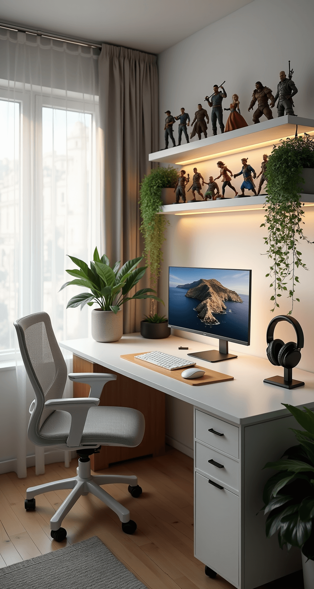 An inviting open-concept gaming corner featuring a modern L-shaped white desk with a slim gaming laptop, wireless keyboard, and mouse, illuminated by late morning sunlight and bias lighting. Floating shelves display collectible figurines, while a sleek headphone stand and minimalist light gray chair enhance the tidy, organized layout. Trailing ivy in plant hangers adds a touch of nature to the bright space.