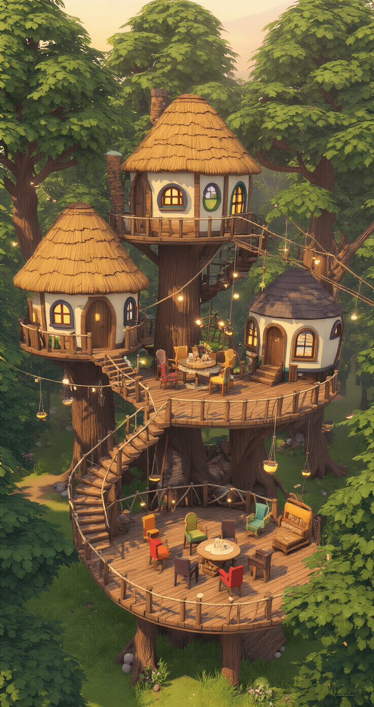 A whimsical Bloxburg treehouse village at sunrise, showcasing elevated wooden platforms and rope bridges connecting unique fairytale-inspired treehouses with thatched roofs and round windows. Spiral staircases wrap around tree trunks, and zip lines provide shortcuts, while a communal dining area with mismatched chairs is adorned with twinkling fairy lights, all bathed in soft, golden morning light filtering through the trees.