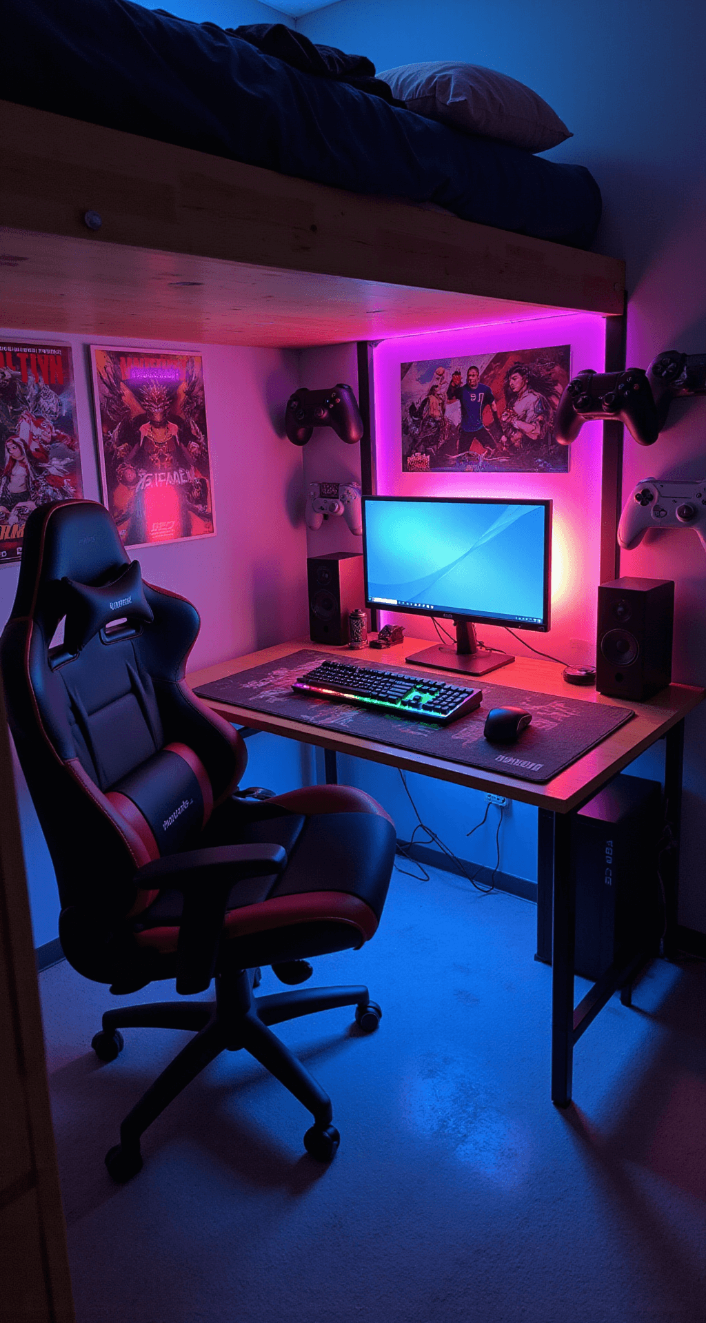 A cozy dorm room gaming setup featuring a loft bed, a corner desk with a powerful gaming laptop, a vibrant LED light strip, a retro-style mechanical keyboard with rainbow backlighting, an oversized anime mousepad, and neatly arranged console controllers on a wall organizer, all illuminated in a dramatic low-angle shot from floor level.
