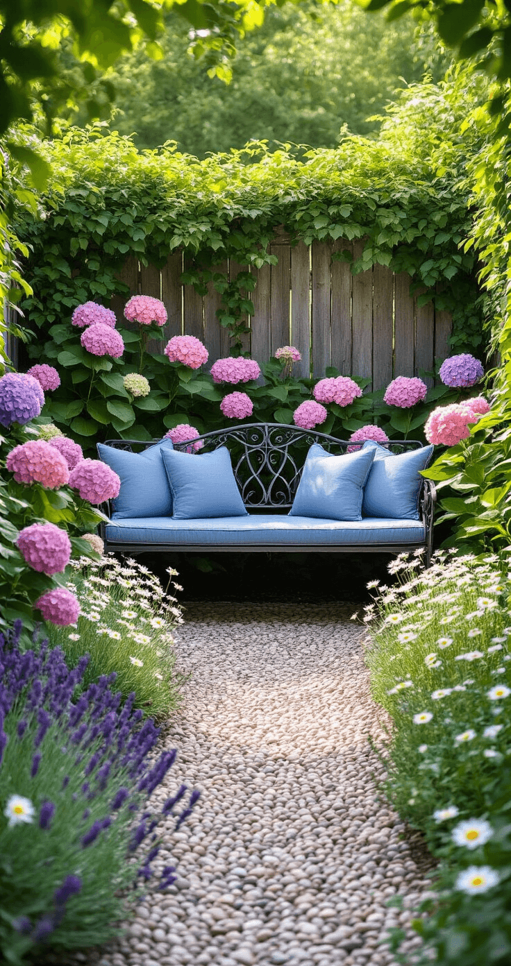 Bloxburg Garden Dreams: Transforming Virtual Spaces into Lush Retreats A cozy 5x5 garden nook featuring a wrought-iron bench with weathered blue cushions, surrounded by lush pink and purple hydrangeas, a winding pebble path lined with white daisies and purple lavender, and framed by a rustic wooden fence covered in climbing ivy, all bathed in soft afternoon light with a soft bokeh effect.