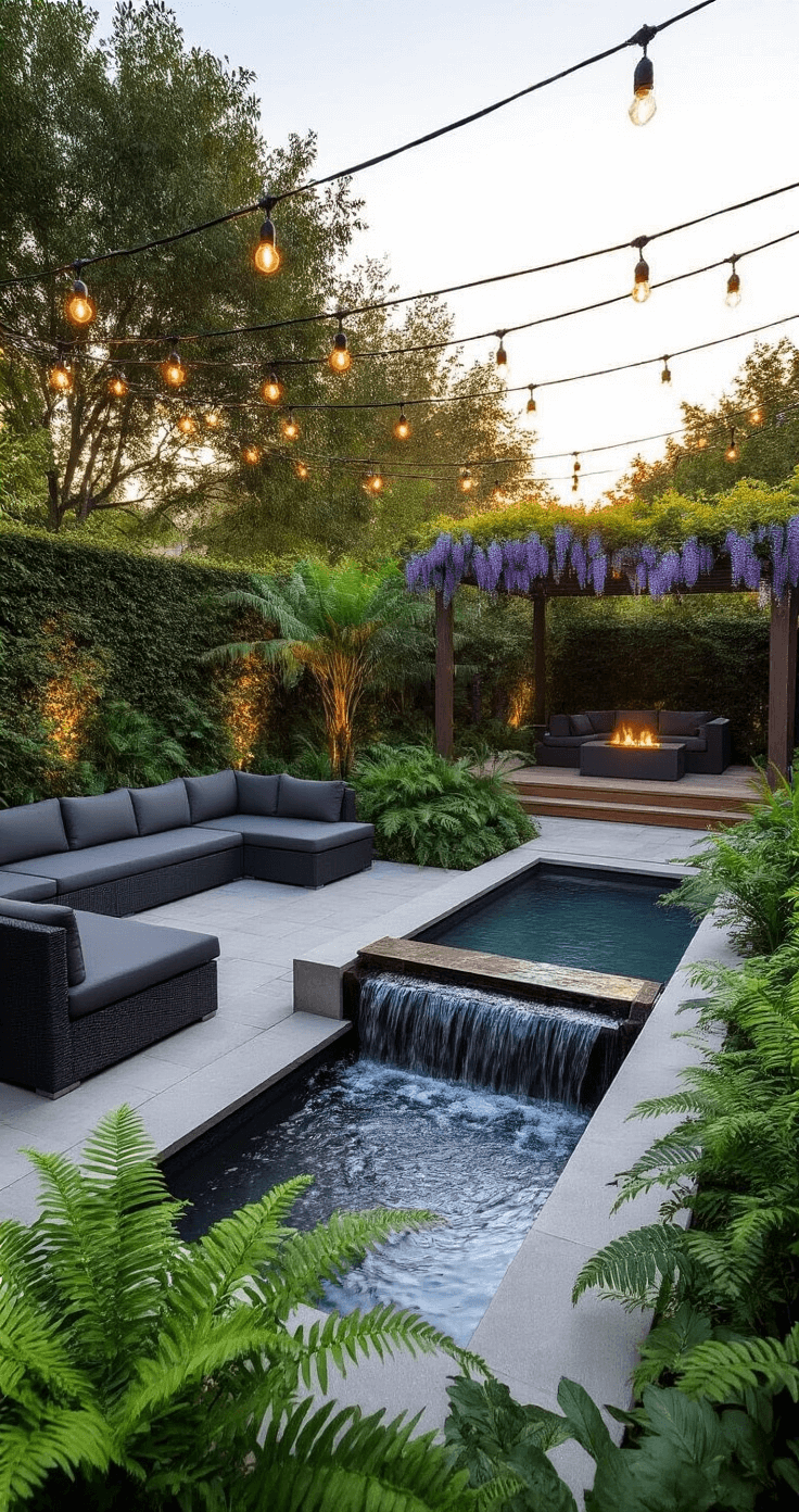 Bloxburg Garden Dreams: Transforming Virtual Spaces into Lush Retreats A bird's eye view of a 15x15 backyard oasis at golden hour, featuring a multi-tiered stone water feature, lush ferns and tropical plants, a charcoal gray outdoor sectional facing a fire pit, string lights overhead, and a raised deck with a wisteria-draped pergola, all enhanced by HDR lighting techniques.