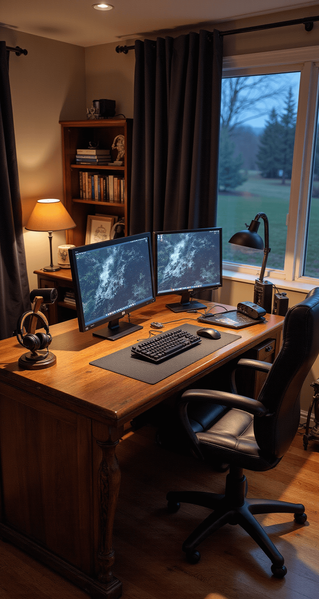 A sophisticated home office by day and gaming haven by night, featuring dark walnut executive desk, high-end gaming laptop, dual monitors, and warm accent lighting, showcasing a luxurious workspace transformed for evening gaming.