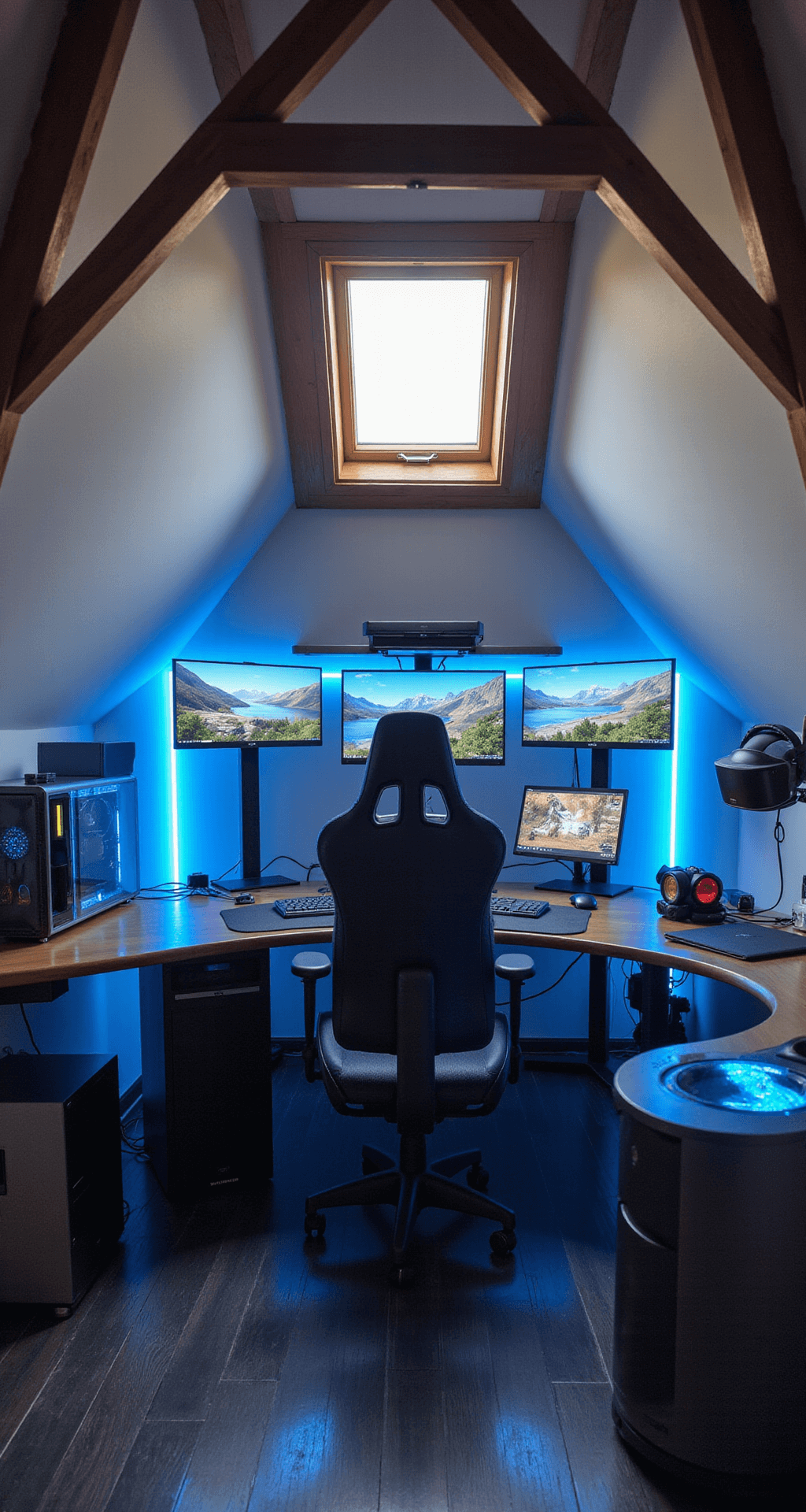 A futuristic gaming pod in a converted attic, featuring slanted ceilings and exposed beams, illuminated by afternoon light and the blue glow from multiple screens in a semi-circle. A curved desk supports a powerful gaming laptop, with a transparent custom-built PC nearby. A mechanical keyboard, wireless mouse, and VR headset are within reach, while a gaming chair with built-in speakers and haptic feedback completes the high-tech setup, all captured in a wide shot from the attic entrance.
