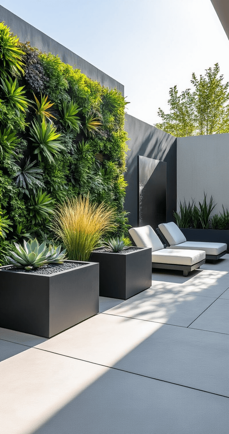 Bloxburg Garden Dreams: Transforming Virtual Spaces into Lush Retreats A minimalist modern garden space at midday featuring a geometric concrete patio, matte black planters with succulents, a brushed steel water feature, a living wall of greenery, and white lounge chairs, all captured with high contrast lighting.