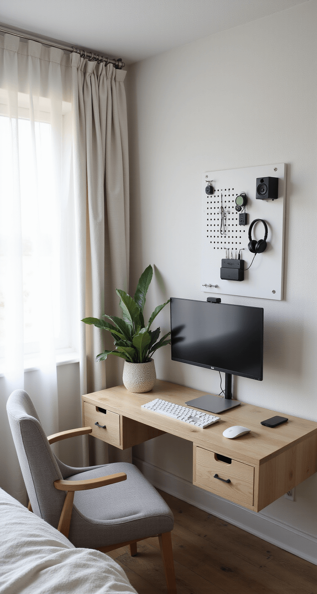 A minimalist gaming corner in a Scandinavian-inspired bedroom, featuring a pale ash wood floating desk with a sleek gaming laptop, wireless keyboard and mouse, a large plant, an ultra-wide display on a monitor arm, an ergonomic kneeling chair, and a wall-mounted pegboard, all illuminated by early morning light filtering through white linen curtains.