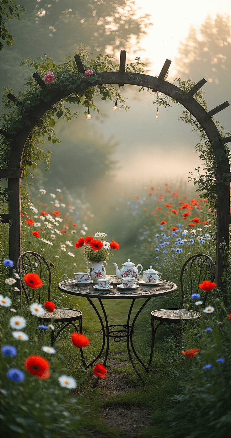 Bloxburg Garden Dreams: Transforming Virtual Spaces into Lush Retreats A whimsical cottagecore garden at dawn, featuring colorful wildflowers like poppies, daisies, and cornflowers, a weathered picket fence, climbing roses, and a rustic wooden arch draped in fairy lights. A vintage iron table set for tea with mismatched floral china is centrally positioned, with a low camera angle capturing the flowers in the foreground and the dreamy scene beyond in soft, diffused lighting.