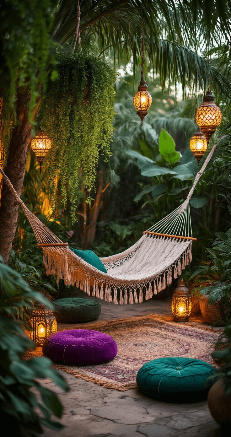 Bloxburg Garden Dreams: Transforming Virtual Spaces into Lush Retreats A boho-inspired garden retreat at dusk featuring lush greenery, hanging plants, and tall palms. A macramé hammock is strung between two trees, surrounded by jewel-toned poufs and floor cushions. Warm, patterned light from Moroccan lanterns illuminates the scene, highlighting a vintage peacock chair as a focal point. The image captures the tranquil ambiance of golden hour with soft lens flares.
