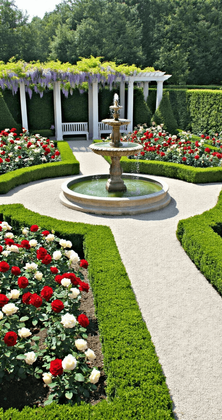 Bloxburg Garden Dreams: Transforming Virtual Spaces into Lush Retreats Aerial view of a classic formal garden at noon, featuring symmetrical boxwood hedges, red and white rose beds, a grand stone fountain, and gravel pathways lined with topiaries, with a blooming wisteria pergola in the background.