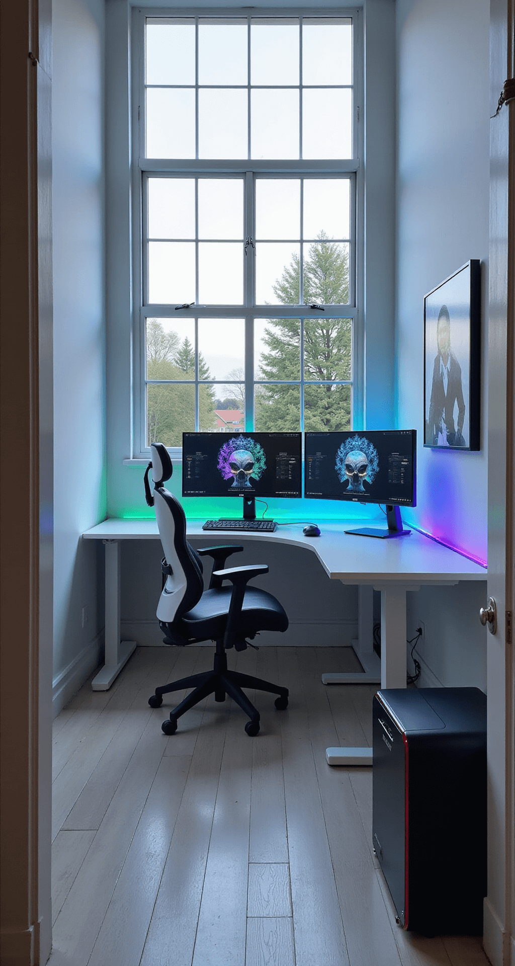 A modern 15x15ft room with high ceilings and large windows, featuring a sleek white L-shaped standing desk with dual 27-inch curved monitors and a high-end gaming PC, all illuminated by RGB lighting and ambient Philips Hue strips, set against minimalist grayscale geometric art.