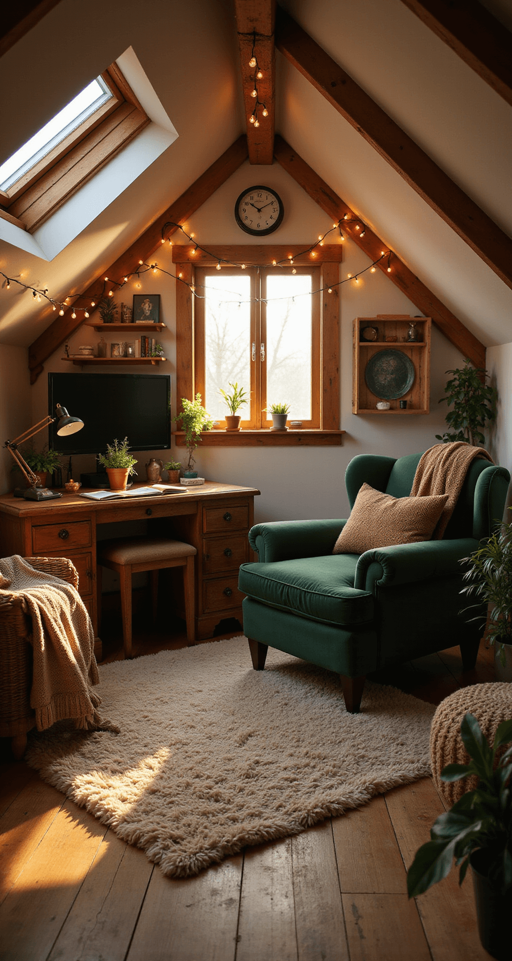 A cozy 12x12ft attic space with slanted ceilings, golden hour sunlight streaming in through a small dormer window, highlighting a rustic wooden desk and plush forest green velvet armchair, surrounded by string lights, collectibles, and soft textures.