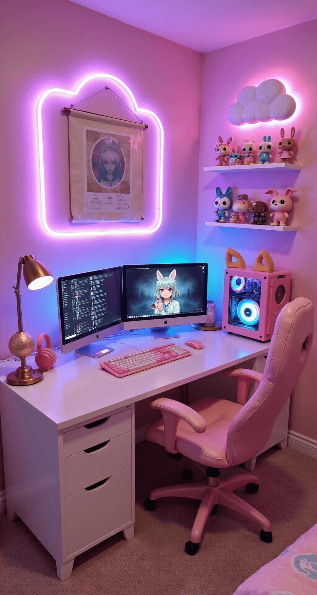 A vibrant bedroom corner transformed into a kawaii gaming paradise featuring soft pink walls, a white desk with gold accents, a custom-built pink PC, dual monitors, cat-ear headphones, a heart-shaped ring light, and a bubblegum pink gaming chair. Decor includes an anime wall scroll, shelves with colorful Funko Pops, and a neon cloud light, while a pastel mechanical keyboard adds to the playful, cute atmosphere.