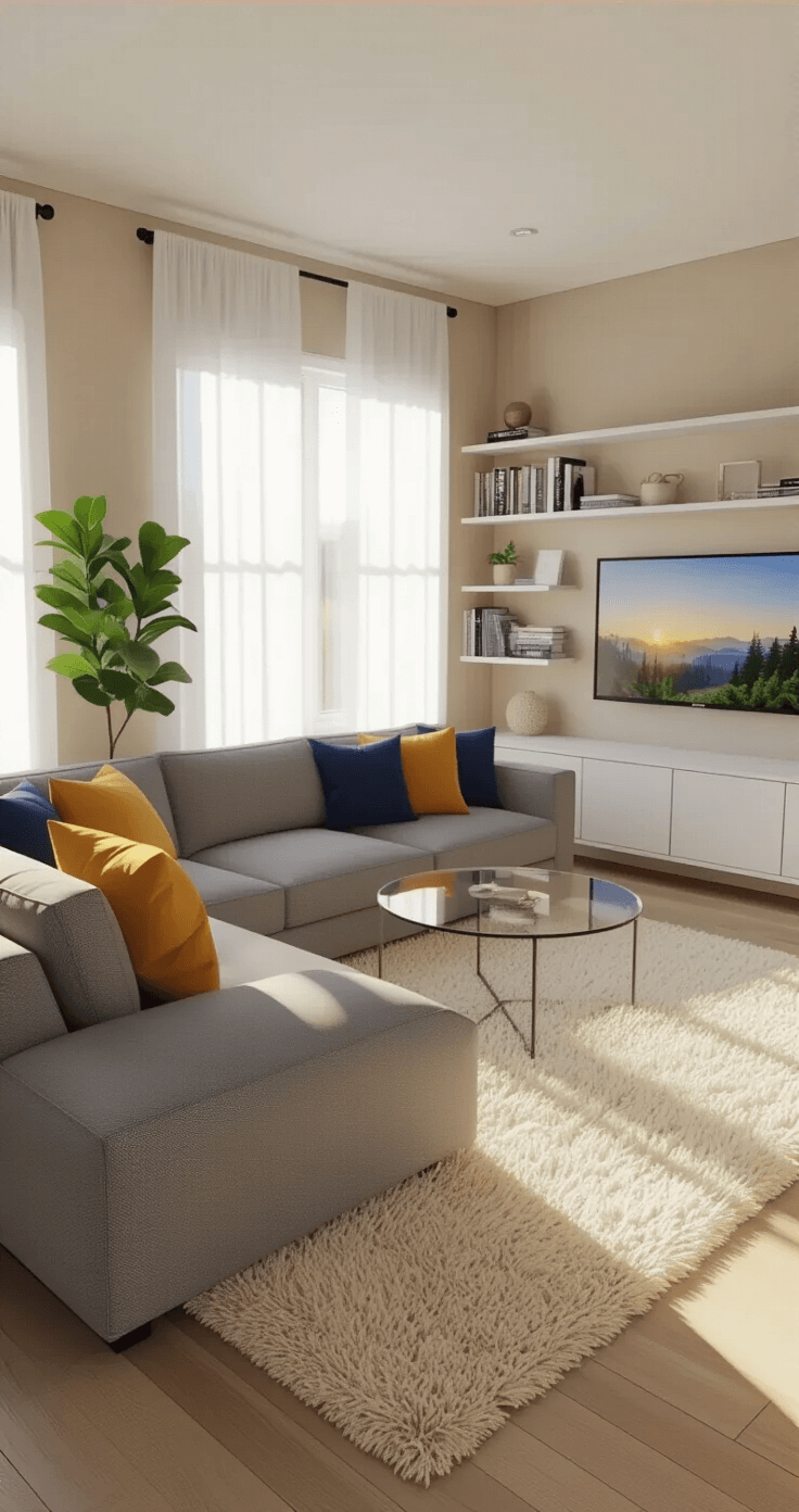 Bloxburg Living Room: Inspiration, Budgets, and Styling Tips Cozy modern Bloxburg living room with a gray L-shaped sofa, mustard and navy throw pillows, a glass coffee table on a cream rug, built-in white shelving, a fiddle leaf fig plant, and warm afternoon light filtering through sheer curtains.