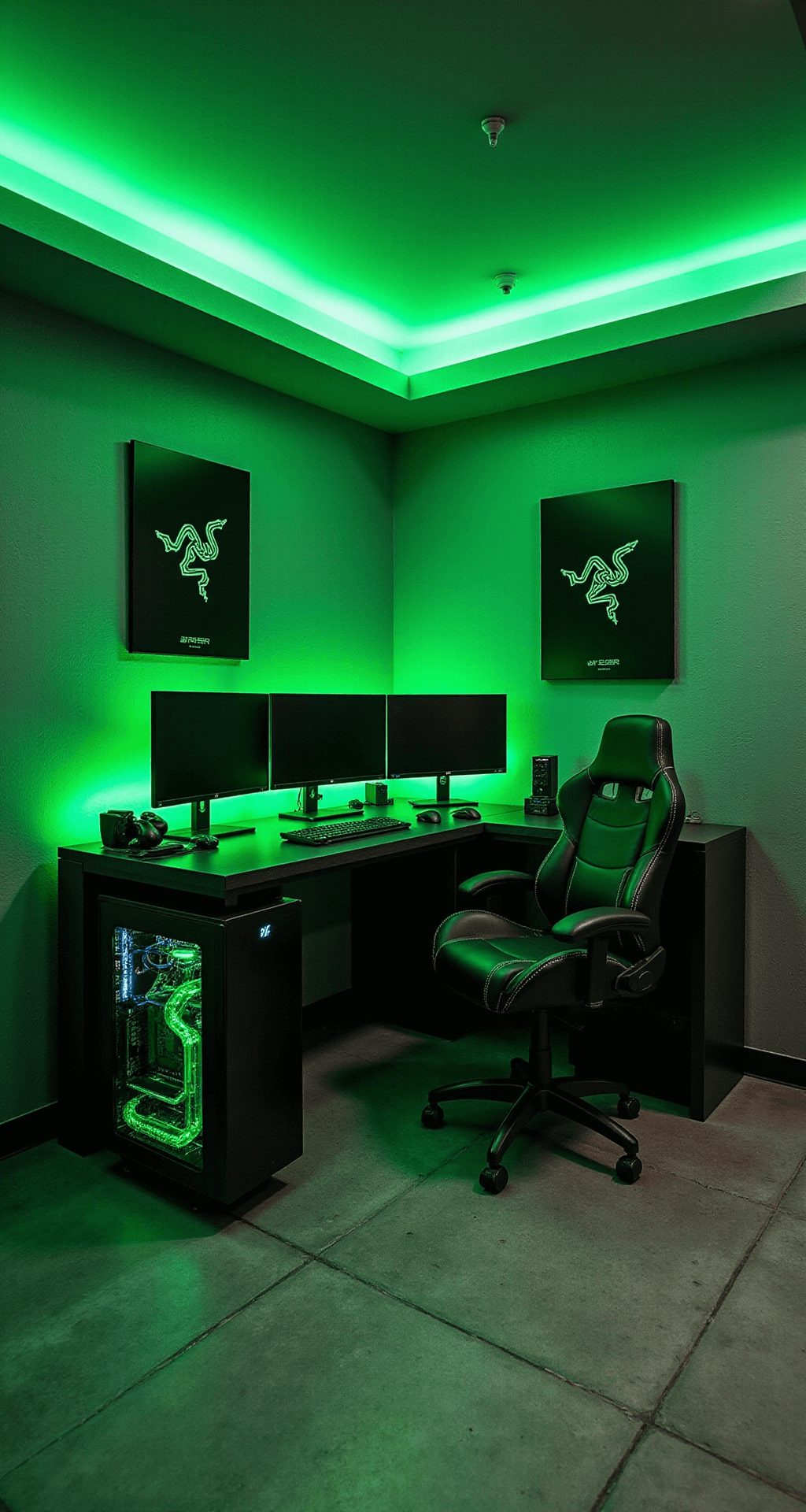 A 14x14ft edgy basement room with concrete walls and polished flooring, featuring a matte black L-shaped desk with a triple monitor setup and green LED backlighting, a custom neon green water-cooled PC, a high-back black leather gaming chair, and meticulously arranged Razer peripherals. The room is illuminated by green LED strips, with minimalist gaming-inspired wall art and a dramatic contrast between shadows and neon accents, creating an intense, futuristic gaming atmosphere.