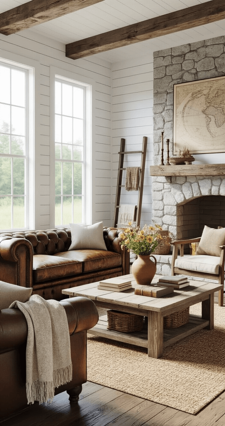 Bloxburg Living Room: Inspiration, Budgets, and Styling Tips A warm and inviting rustic farmhouse living room in Bloxburg, featuring a distressed leather Chesterfield sofa, weathered wood armchairs, and a reclaimed wood coffee table with vintage books and wildflowers. Illuminated by morning sunlight, the shiplap walls and dark hardwood floors create a cozy atmosphere, centered around a stone fireplace with a wooden mantel. Decorated with woven baskets, cozy throws, and a vintage map, the scene showcases a blend of textures in a wide-angle shot.