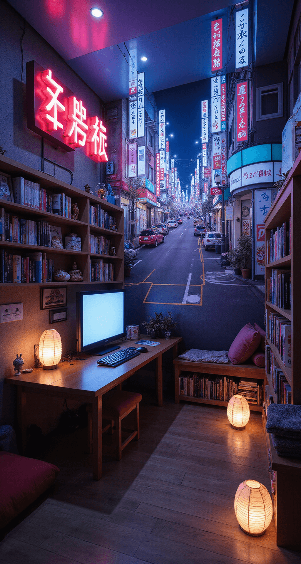 A cozy 12x15ft anime-themed room with a floor-to-ceiling mural of a buzzing Tokyo street at night, featuring a low chabudai-style gaming table surrounded by zabuton cushions, a wall-mounted TV, manga-filled floating shelves, and vibrant neon signs providing soft ambient lighting, complemented by paper lanterns; a shoji screen divides a cozy reading nook with a low futon and overflowing bookshelf, all captured from a wide angle that conveys an immersive otaku charm.