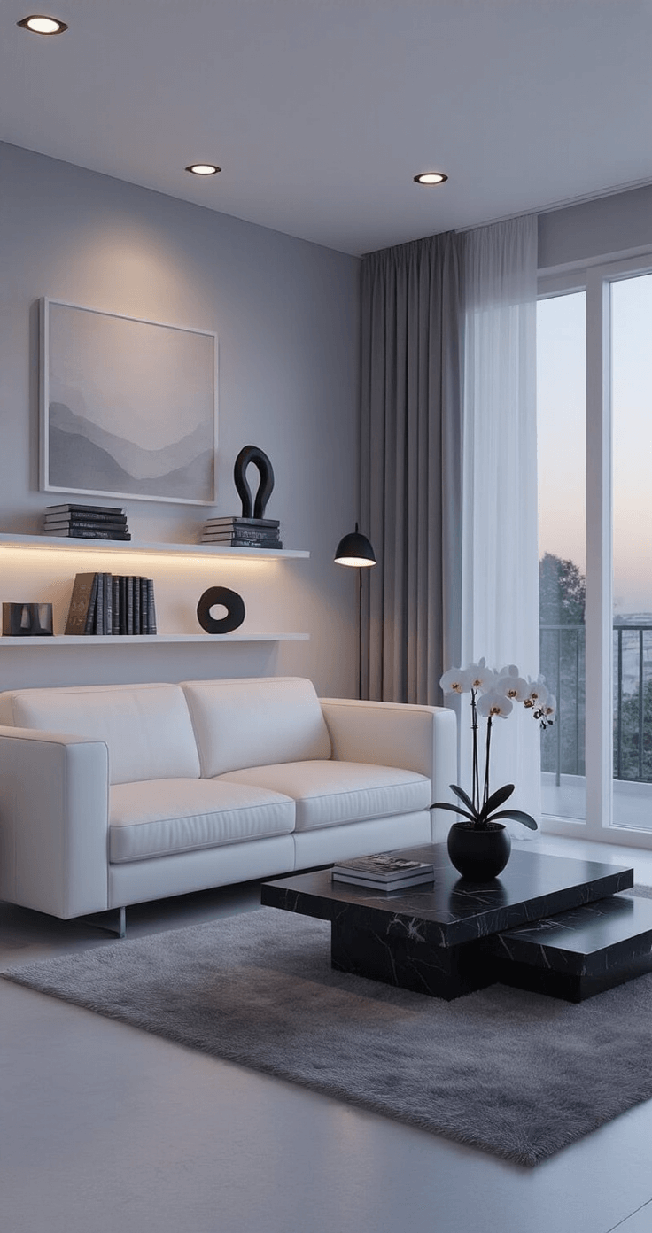 Bloxburg Living Room: Inspiration, Budgets, and Styling Tips An elegant minimalist living room featuring a white leather sofa, floor-to-ceiling windows with sheer gray curtains, and a black marble coffee table with an orchid. Decorated with floating shelves of art books, a large abstract canvas, a plush charcoal rug, and illuminated by recessed lighting and a modern floor lamp, all set in a serene dusk ambiance.
