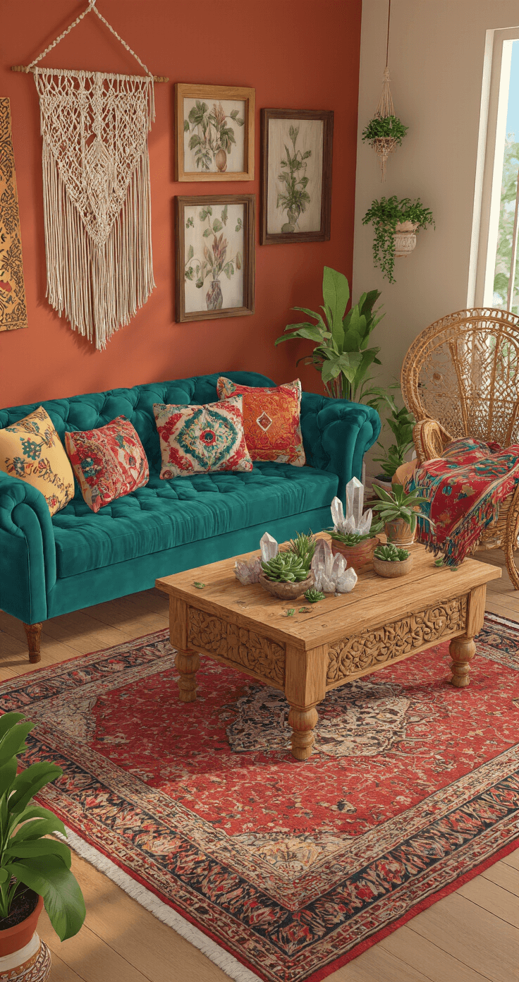 Bloxburg Living Room: Inspiration, Budgets, and Styling Tips A vibrant bohemian living room in Bloxburg, featuring a teal velvet tufted sofa with jewel-toned pillows, a carved wooden coffee table with crystals and succulents, macramé wall hangings, a gallery wall on terracotta walls, a rattan peacock chair with a Moroccan blanket, and various potted plants, all set on a vintage Persian rug with bright natural lighting.