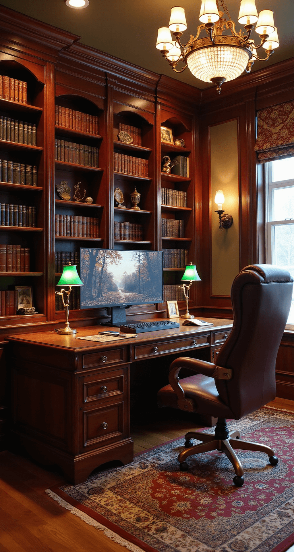 A luxurious home office and gaming sanctuary featuring rich mahogany bookshelves, a large executive desk with an ultrawide curved monitor, and deep burgundy leather chair, all illuminated by warm brass lamps and a crystal chandelier, set against a plush Oriental rug.