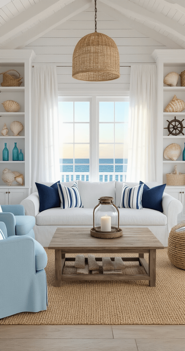 Bloxburg Living Room: Inspiration, Budgets, and Styling Tips A coastal-inspired living room featuring a slipcovered white linen sofa with navy striped pillows, pale blue armchairs, and a weathered wood coffee table with a hurricane lantern. Sheer white curtains frame tall windows with ocean views, while whitewashed wood plank walls display seashells and a ship's wheel. Built-in bookcases showcase coastal decor, and a jute rug adds texture to light oak floors, all illuminated by rattan pendant lights and soft, warm table lamps.
