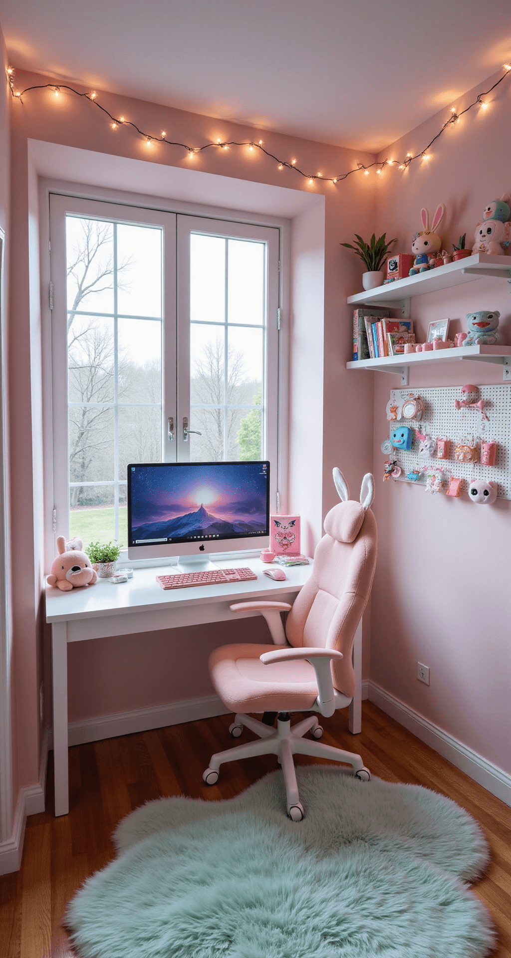 A cozy 10x12ft bedroom corner transformed into a pastel gaming paradise, featuring soft pink walls, a white compact desk with a curved monitor and pink mechanical keyboard, floating shelves with colorful anime figurines, a blush ergonomic chair with bunny ear headrest, fairy lights, a mint green fluffy rug, and a pegboard organizer for gaming accessories, all bathed in soft morning light from a bay window.
