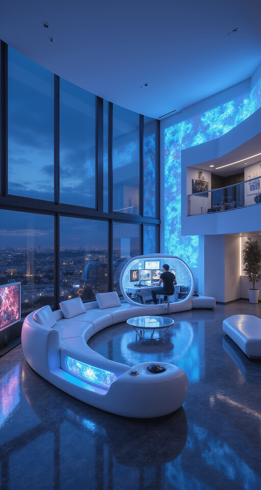 A futuristic open-plan living area designed as a sci-fi gaming sanctuary, featuring a curved gaming station, sleek white furniture, holographic displays, and interactive light panels, all illuminated in deep blues and purples under a twilight sky.