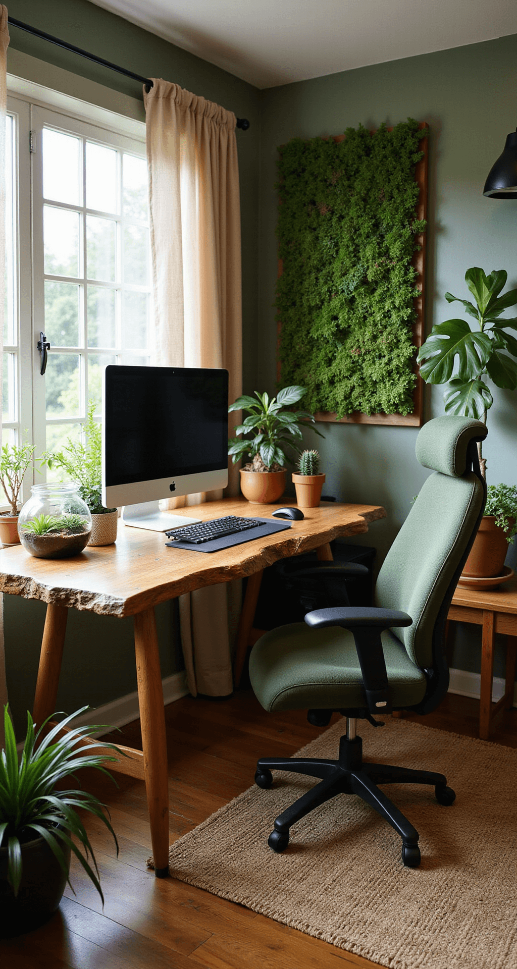 A serene home office blending work and gaming, featuring a live-edge wooden desk with a widescreen monitor, an ergonomic green chair, potted plants, a living moss art installation, and a terrarium, all under soft morning light filtering through sheer curtains.