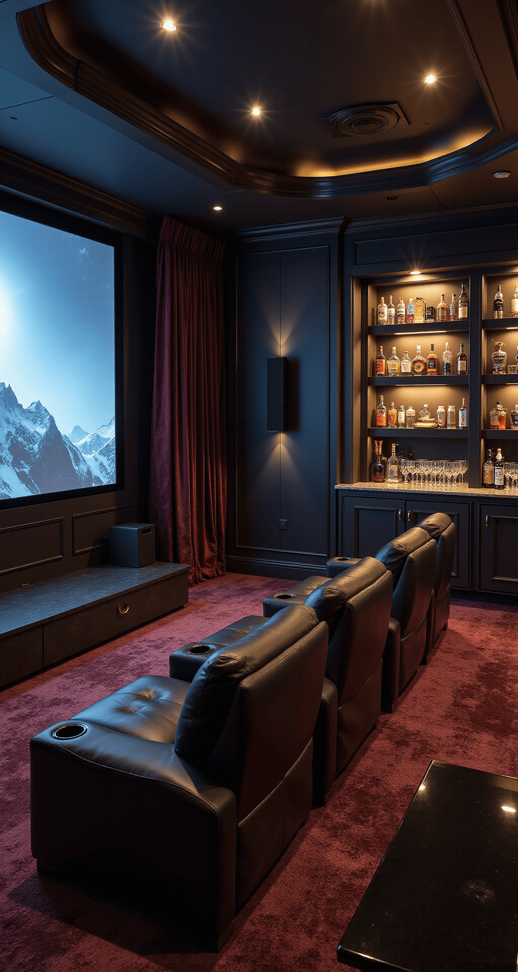 A luxurious 18x22ft gaming lounge with a curved OLED TV, plush leather recliners, and a wet bar, illuminated by ambient lighting and decorated with sound-absorbing panels and gold accents.