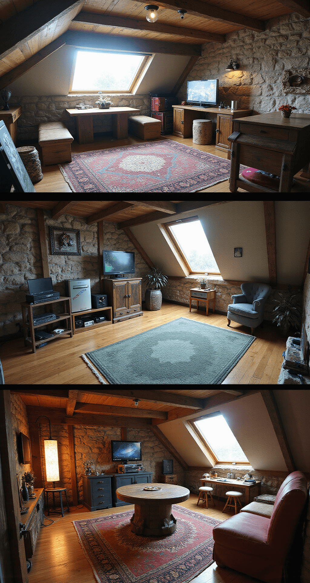 A whimsical attic gaming room featuring distinct zones for different game worlds, including a medieval tavern, a space station, and a colorful sandbox area, all illuminated by skylights. A central circular table for tabletop gaming is surrounded by gaming artifacts and clever lighting effects.