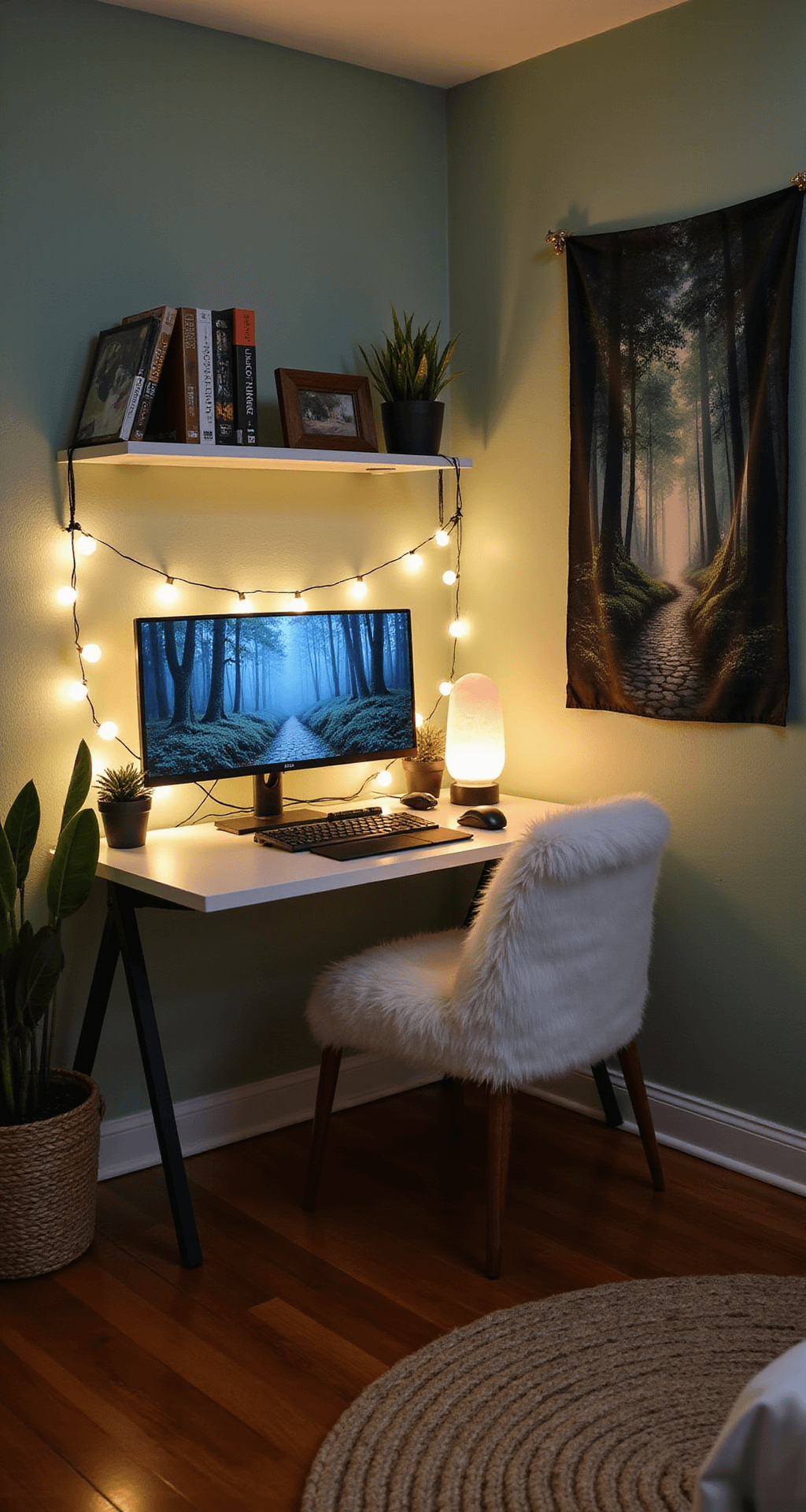 A cozy gaming nook in a small bedroom corner, featuring a curved monitor on a white desk, illuminated by a salt lamp and string lights, surrounded by plants and a plush faux fur chair, with soft sage green walls and a whimsical forest tapestry.