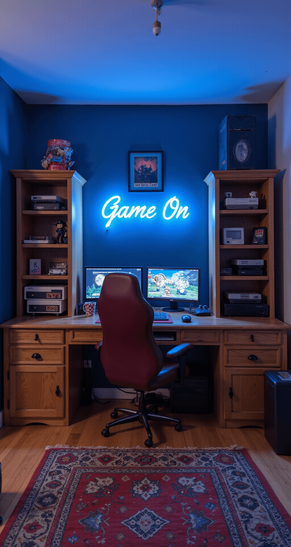 A cozy retro-inspired gaming alcove featuring a vintage desk with dual monitors, flanked by bookshelves filled with gaming memorabilia. The space is illuminated by an electric blue 'Game On' neon sign against deep navy walls adorned with pixel art. A rich burgundy high-back gaming chair is positioned in front of the desk, with a colorful 8-bit inspired rug on the hardwood floor.