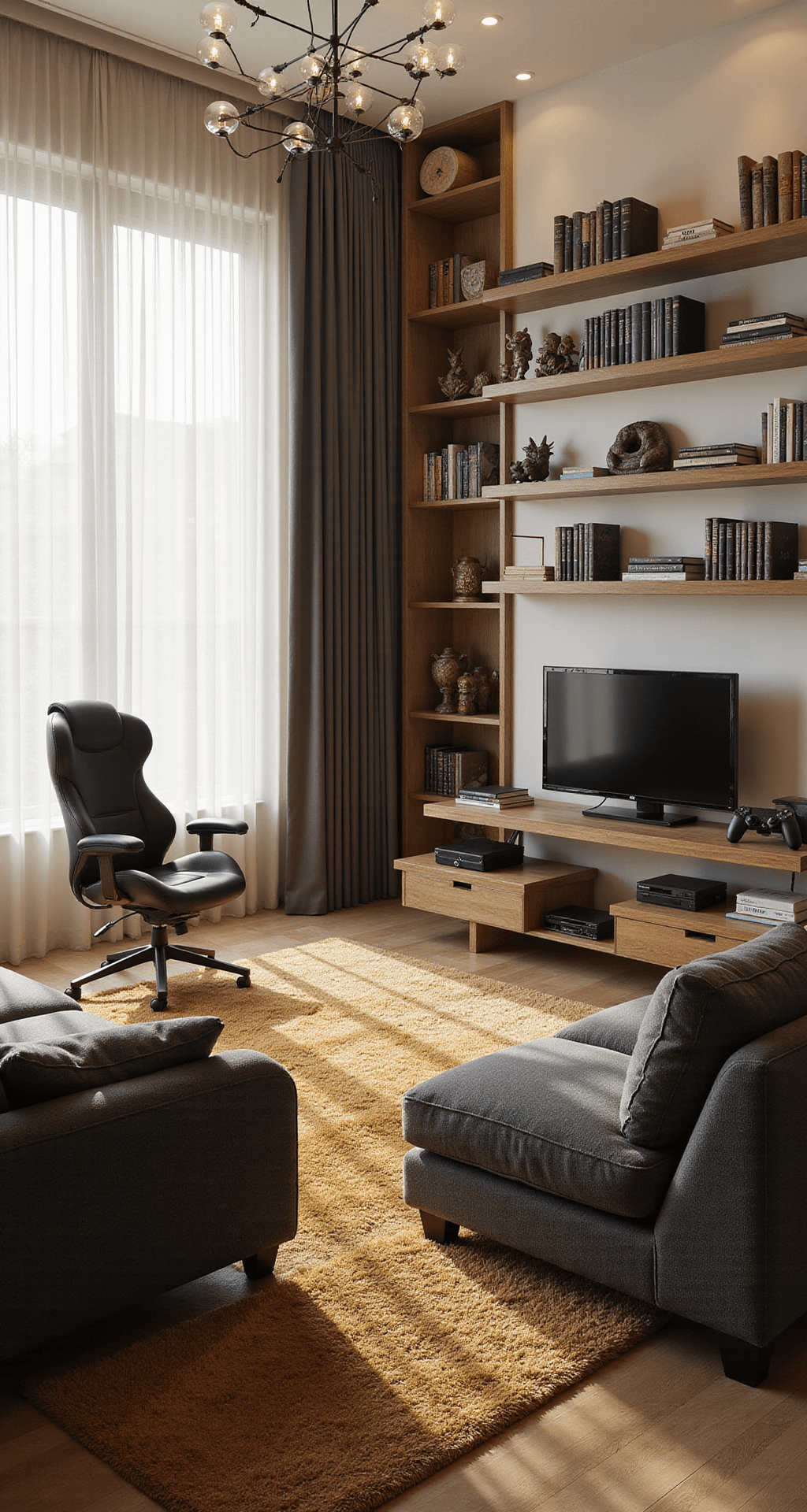 A spacious and luxurious open-concept living area featuring a dedicated gaming zone with a custom-built desktop setup, a plush sectional sofa, and a large 4K TV, all bathed in warm morning light.