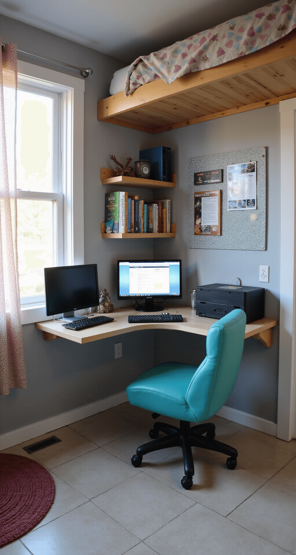 Compact dorm room corner designed for gaming and studying, featuring a loft bed, organized desk with gaming laptop, floating shelves, pin board, light gray walls with geometric wallpaper, a bright teal gaming chair, and a shag rug on the tiled floor, illuminated by soft afternoon light.
