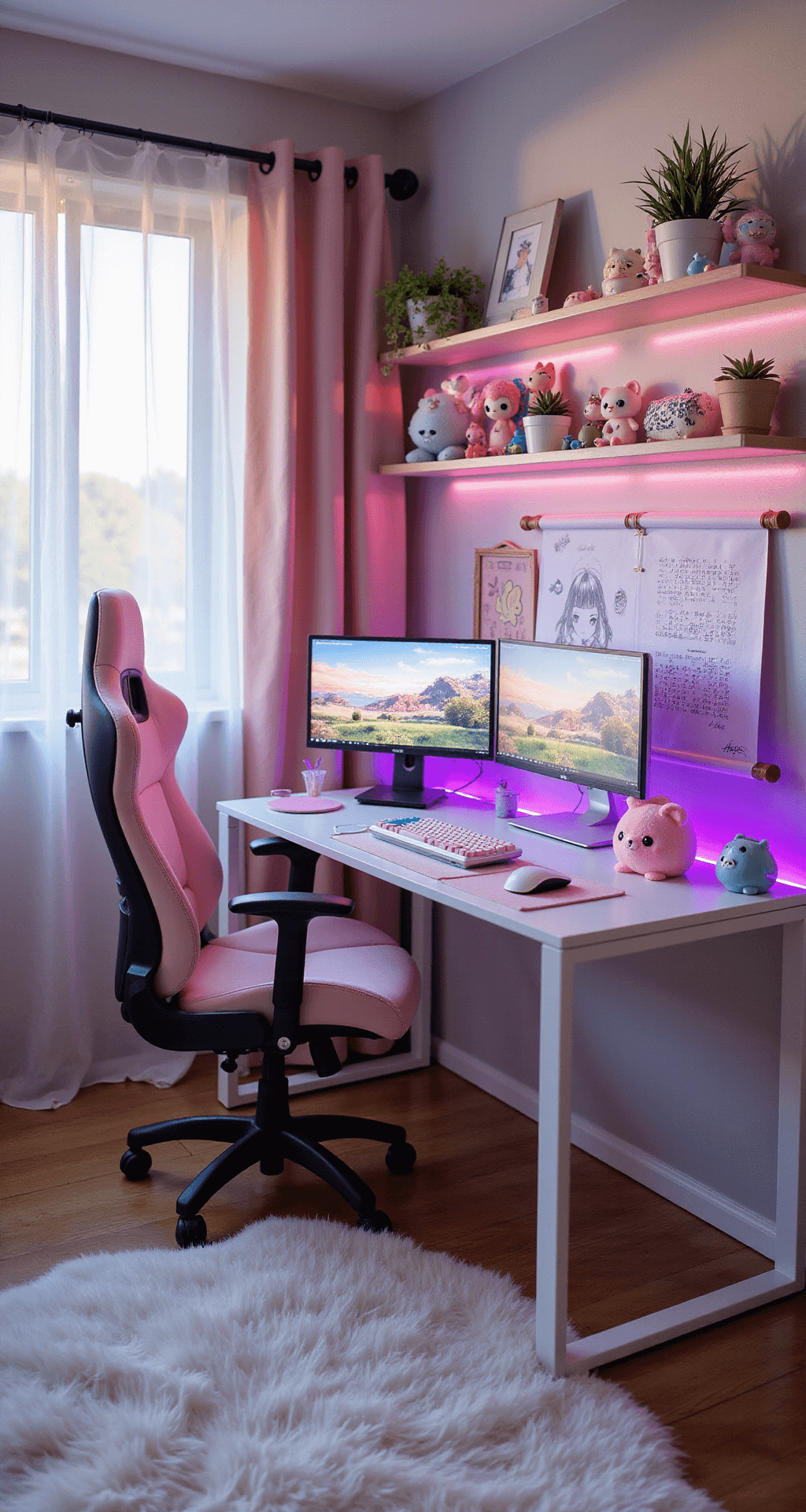 A cozy girl's gaming corner in a 10x12ft bedroom, featuring a white L-shaped desk with dual monitors, a pastel pink gaming chair, kawaii-themed decor, and RGB LED strips, all illuminated by soft afternoon sunlight.
