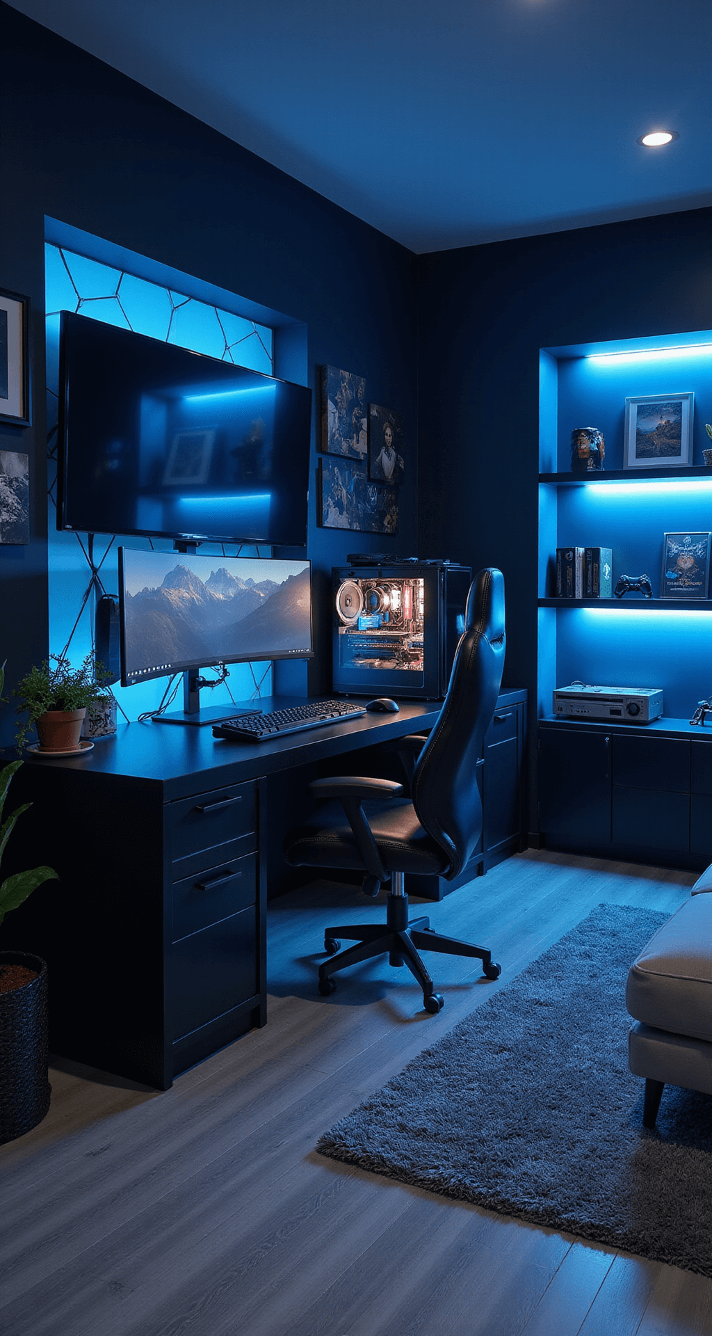 A modern gaming room featuring a sleek black glass desk with an ultrawide monitor and high-end gaming PC, set in a cool blue ambiance with matte black walls and geometric LED lighting, complete with an ergonomic gaming chair, wall-mounted TV, and curated gaming collectibles, all enhanced by dramatic side lighting.