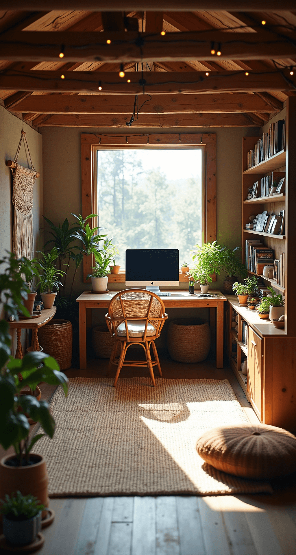 A cozy bohemian gaming nook in a sunlit attic, featuring a reclaimed wood desk with a gaming setup, rattan peacock chair, potted plants, bookshelves with novels and pottery, a jute rug, and string lights casting a warm glow.